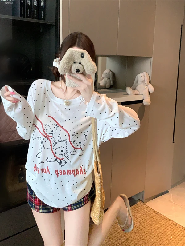 

Summer Thin Long Sleeve T-Shirt Women's plus Size Polka Dot Dog Pattern Air Conditioning Sun Protection Loose Fit round Neck