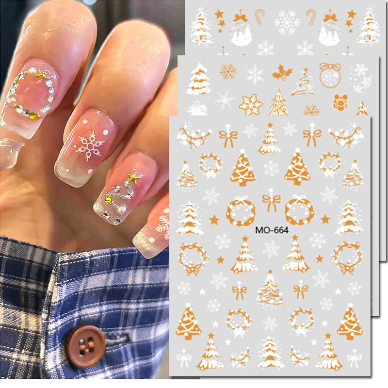 

3pcs 5d Nail art Emboss Stickers Gold White Xmas Wreaths Trees Bells Snowflakes Decals For Nail Decorations Manicures Beauty