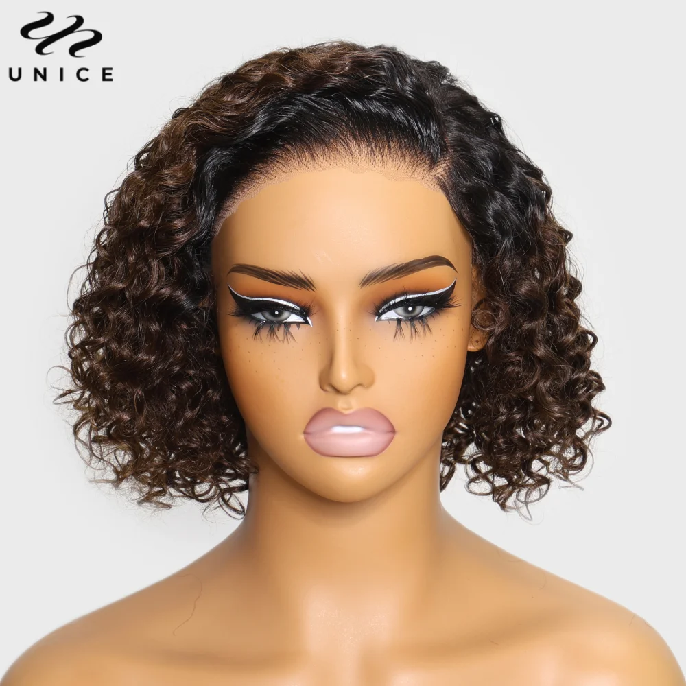 UNice Hair Ombre Brown Curly Bob Wig Human Hair 7x5 Pre Cut Lace Glueless Wig Ready To Wear Side Part Short Curly Wigs for Women