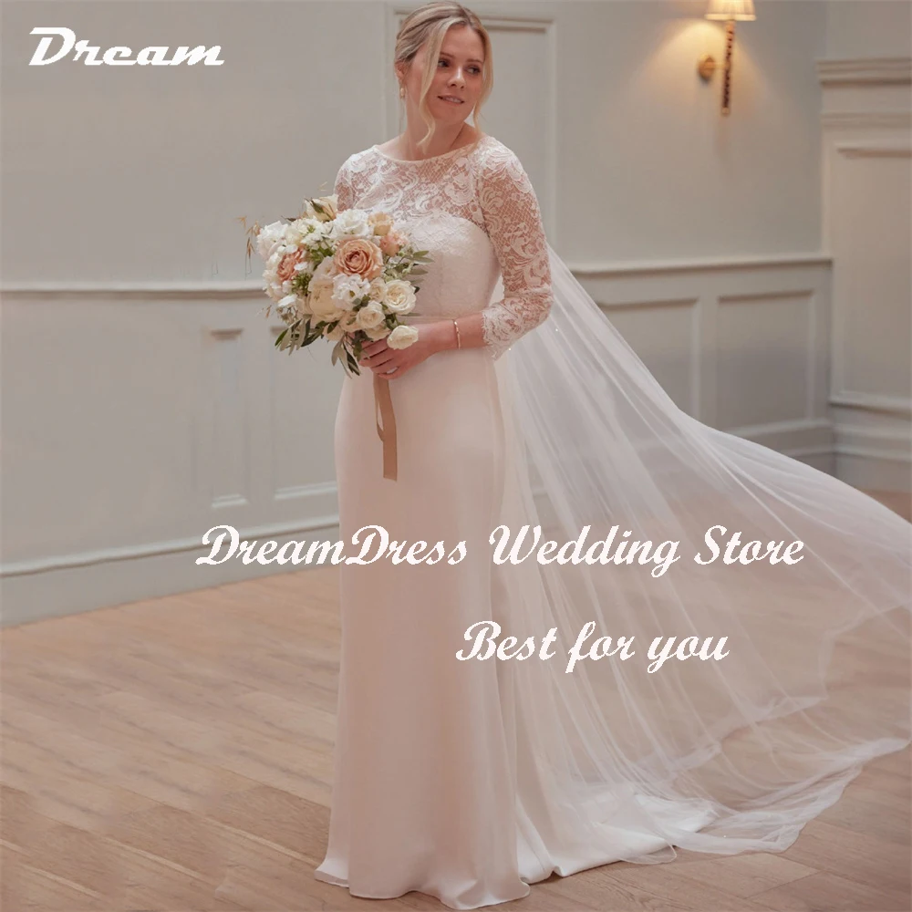 DREAM Customized Simple Crepe Mermaid Wedding Dresses For Women O-Neck Lace Bridal Gowns Sweep Train Vestidos Novias Boda 2025