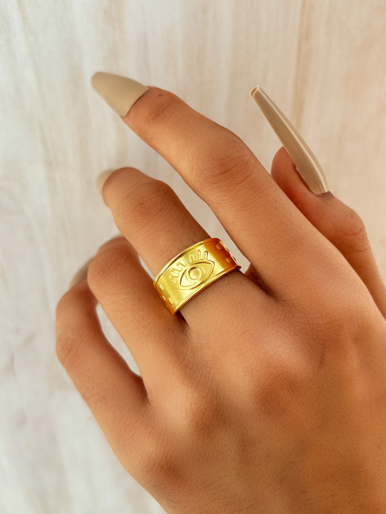 DGIDDK Stainless Steel Gold Eye Wide Face Ring Open End Adjustable Women's Fashion Jewelry Friends Party Gift