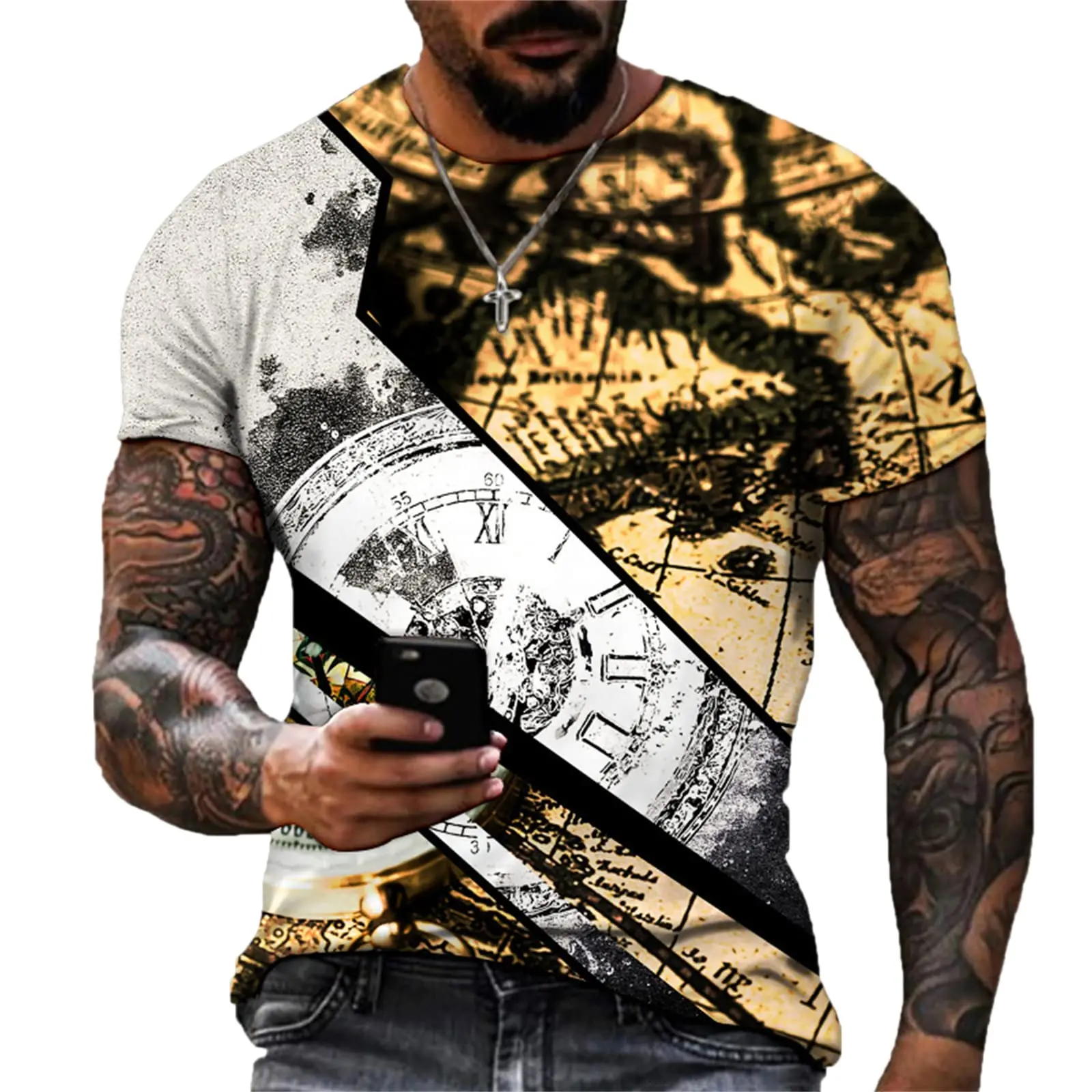 

Men's T-shirt 3D Retro Clock Print Short-sleeved T-shirt Daily Wear Trendy Hip-hop Print Fashion Casual Round Neck T-shirt