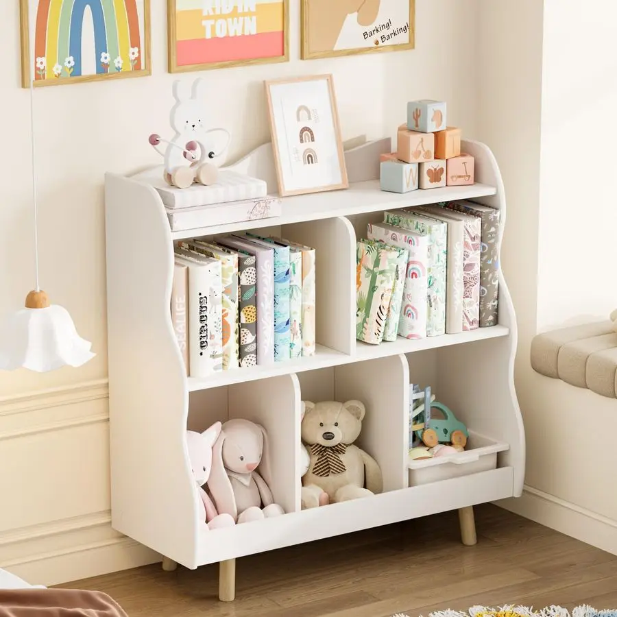Kids Bookshelf and Toy Storage Orangizer, 3Tier Wooden Childrens Bookcase with Curve Design, 5 Cubbies Toy Storage Cabinet Displ