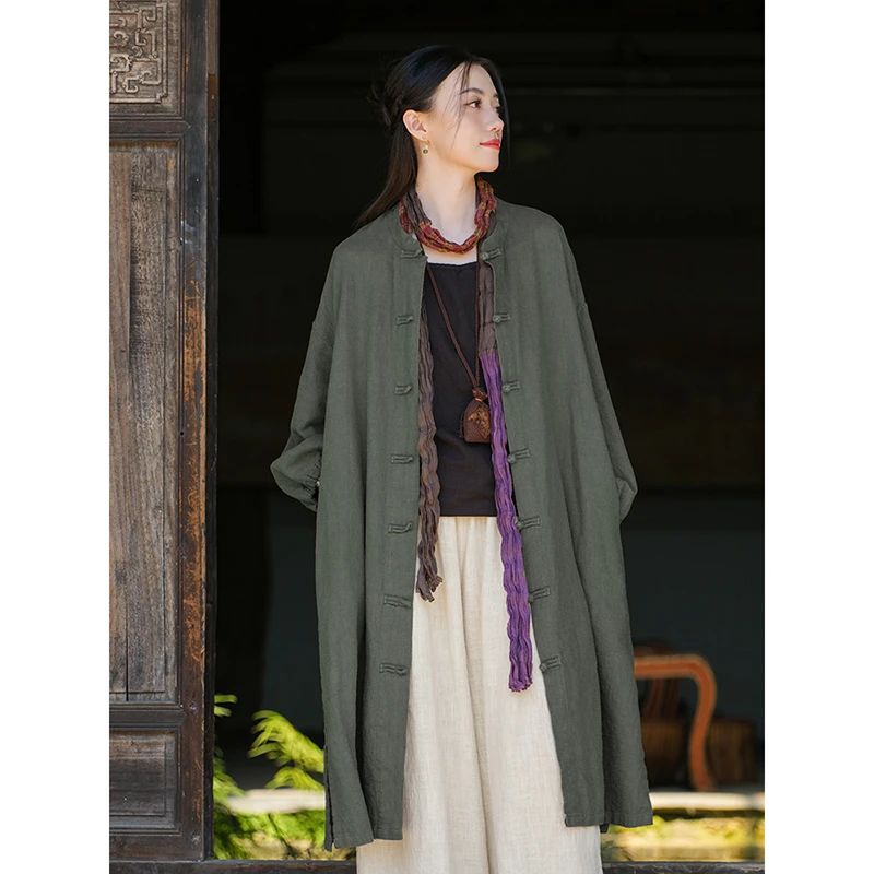 2025ใหม่มาถึงฤดูใบไม้ผลิฤดูใบไม้ร่วงผู้หญิงหลวมสบายๆวินเทจผ้าฝ้ายผ้าลินินยาวTrench O-คอเดี่ยวBreastedเสื้อเอวกว้างy103