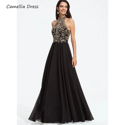 Exquisitos Vestidos De gasa sin mangas para Fiesta, cuello alto, línea A, Vestidos De noche con cuentas De lentejuelas para baile De graduación