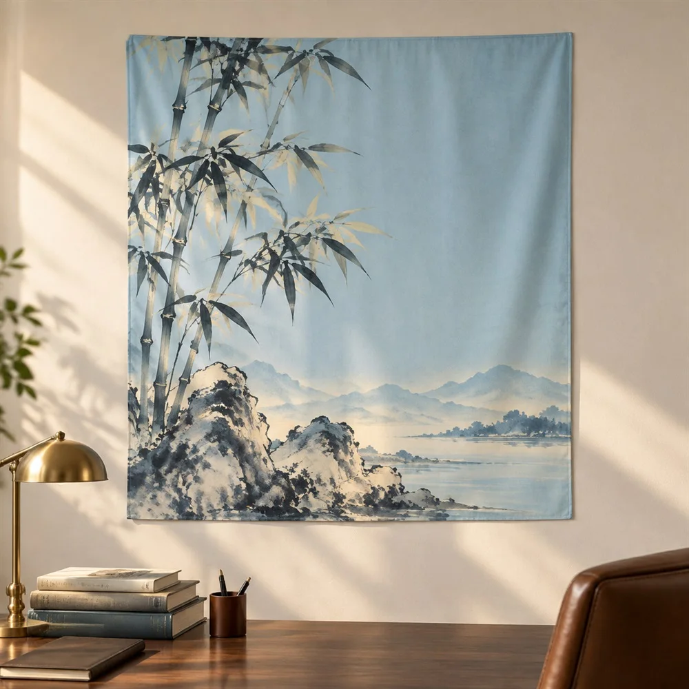 VIKAMA Chinese Ink Bamboo Tapestry Wall Hanging, Ink Painting Wall Art, Oriental Decor for Living Room Study Bedroom Office