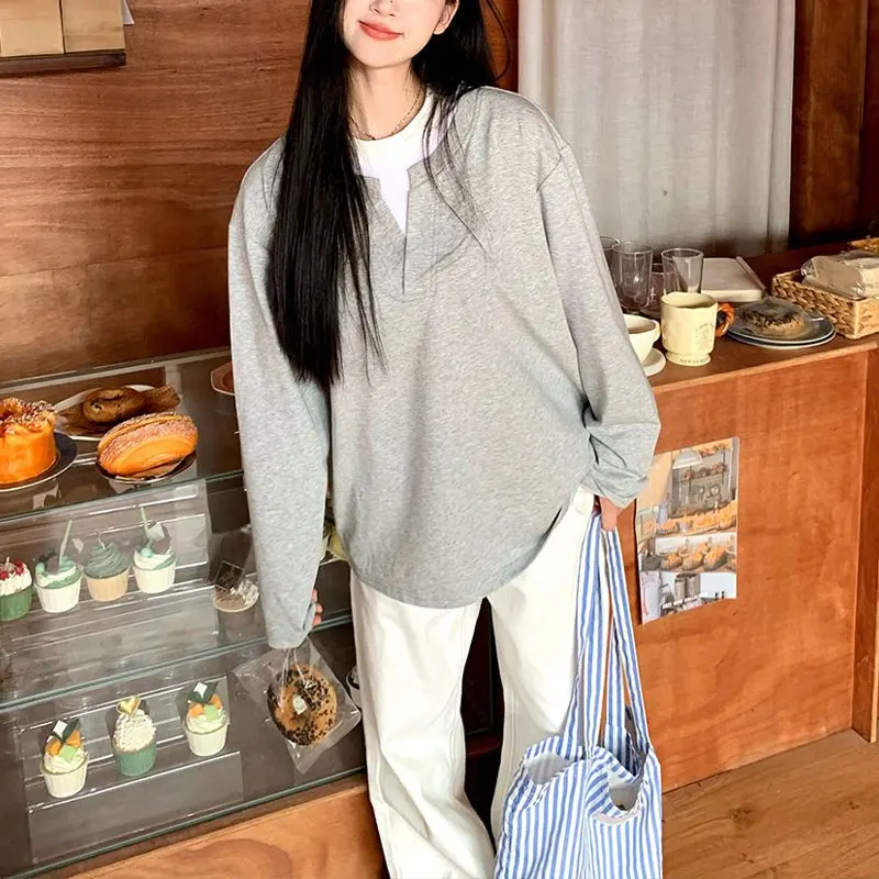 

Casual Contrasting Colors T-shirt Spring Autumn New V-Neck Female Clothing Long Sleeve Fake Two Pieces Patchwork Loose Pullovers