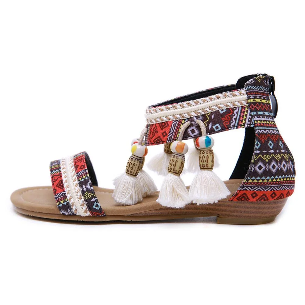 TIMETANGWomen Bohemian Boho Sandals Ethnic Totem Fringe Tassel String Bead Ethnic Sandals Wedge Heel Casual Flat Shoes Plus Size