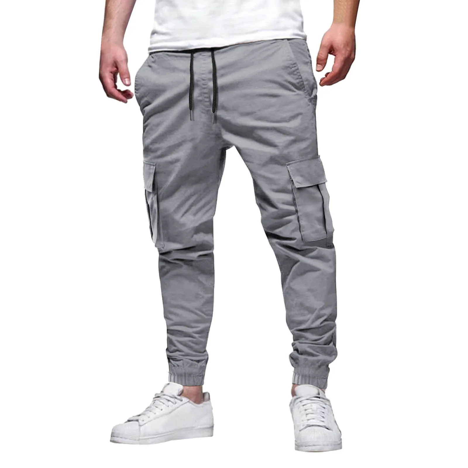 Men's Casual Multi-Pocket Elastic Waist Overalls Ankle Pants Outdoor Sports Solid Color Spring Autumn Nine-Point Trousers
