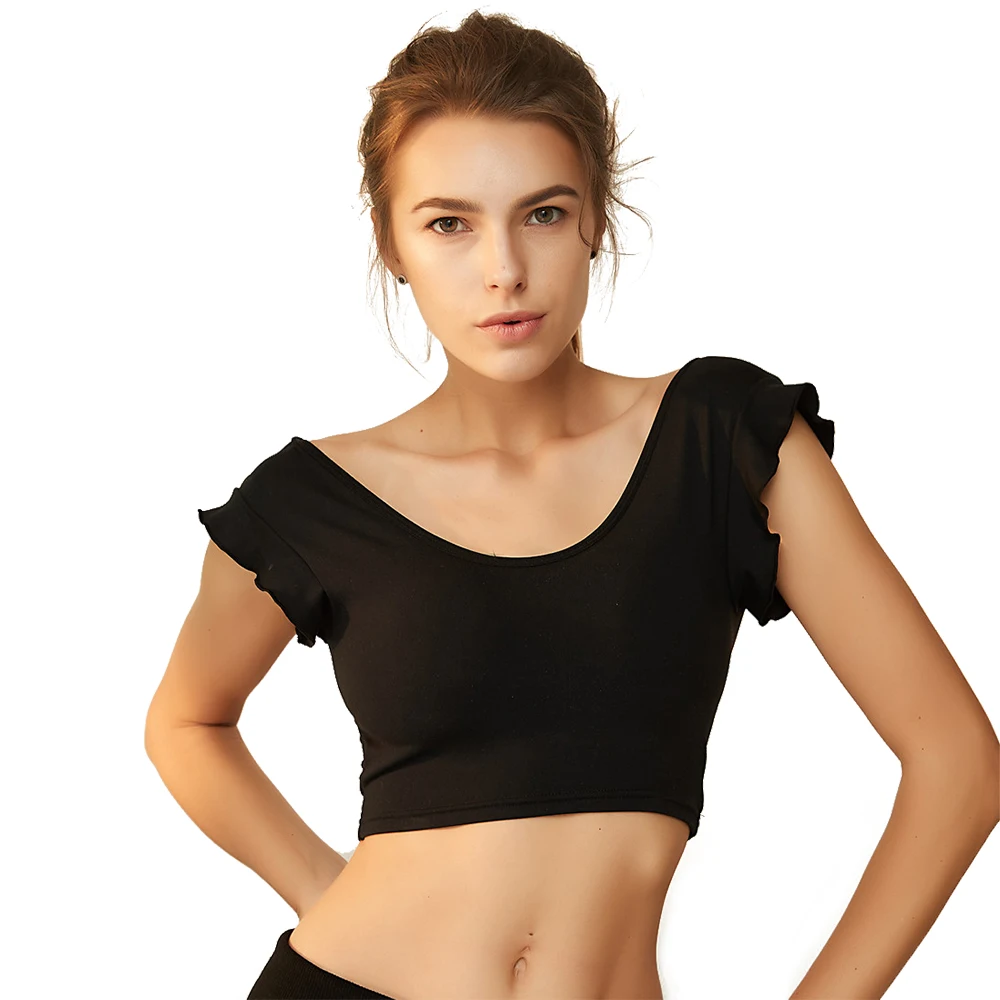 Sports Wear For Women Gym Crop Top Push Up Nylon Ruffle Wireless Yoga Underwear Workout Running Dance Short-Sleeve Fitness Bra