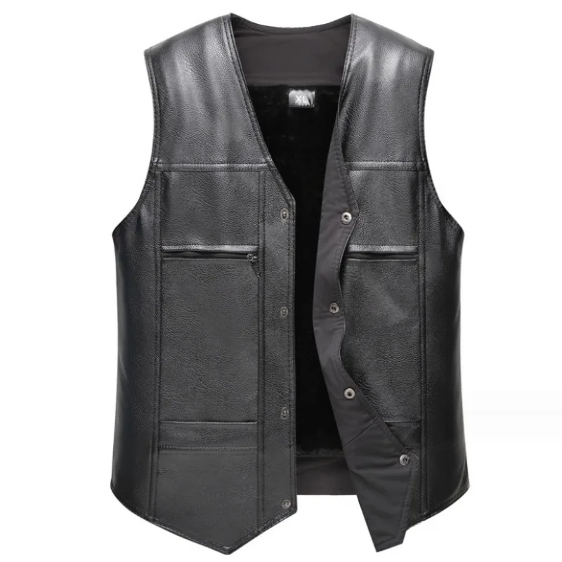 New Spring Autumn Men Fleece Warm Leather Vests Waistcoats Quality Male PU Leather Sleeveless Jackets Winter Warm Vests Coats 4X
