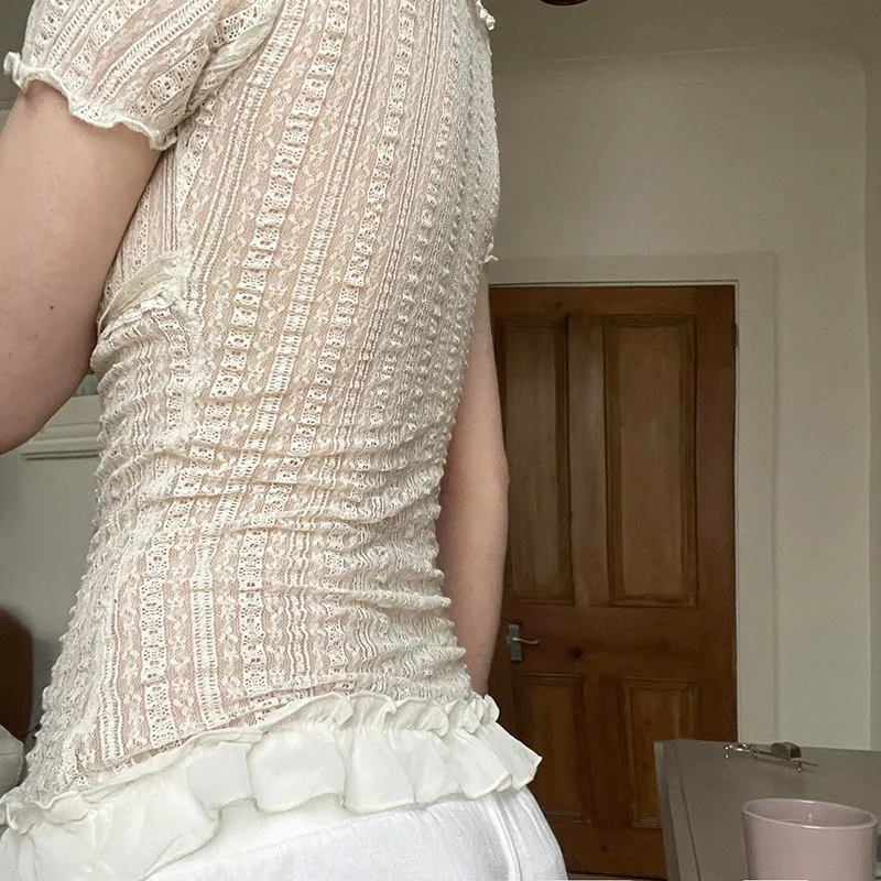 الفرنسية الجاكار الخامس الرقبة الدانتيل فقاعة الأكمام الحلو تي شيرت Y2K محكم الخصر Cinching قمصان المرأة الصيف سترة بلايز بلوزة