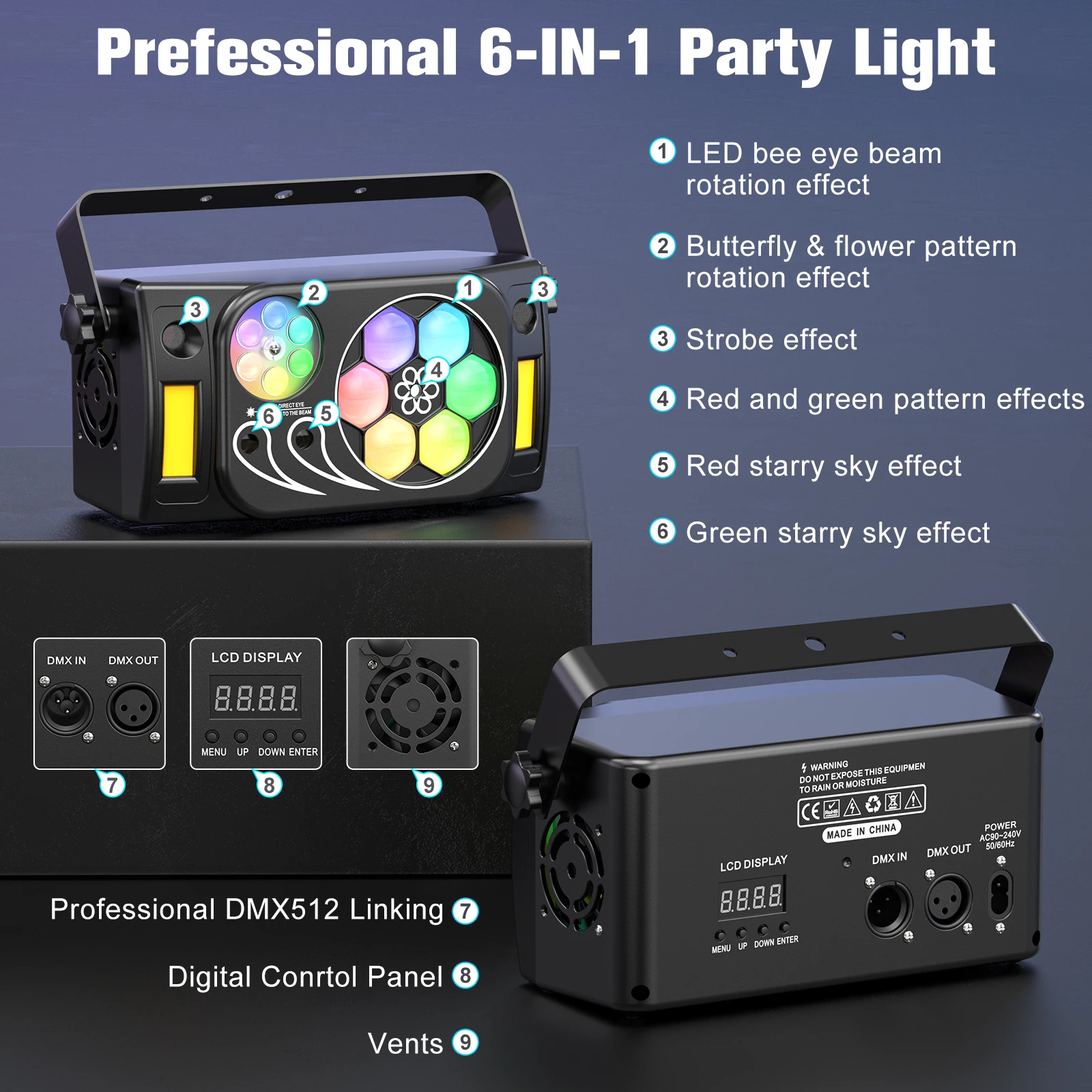 U'King 80W Disco Party Lights LED Bee's Eye 6IN1 Effect Strobe Stage Light DMX Control & Sound ActivatedFor DJ Bar Christmas Party