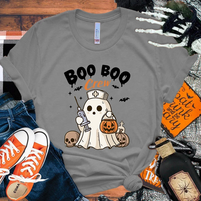 Halloween Boo Crew Letter Printed Women T-Shirts Halloween Boo Crew Short Sleeve Shirts Summer Round Neck Tee Shirt