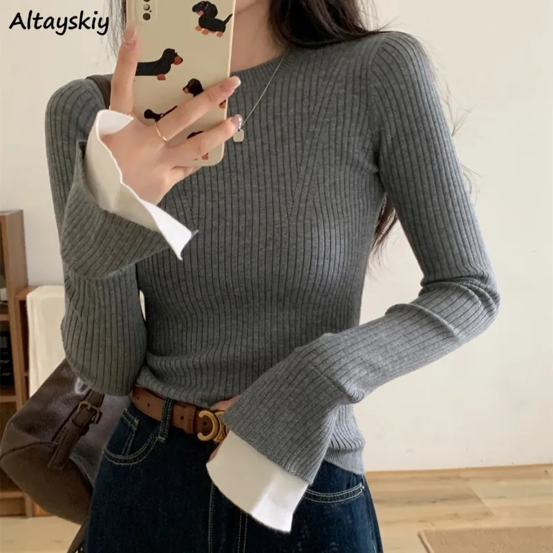 

Pullovers Women Long Sleeve Sweater Patchwork Slimming O-neck Knitted Tender All-match Simple Casual Trendy Fashion Ulzzang Cozy