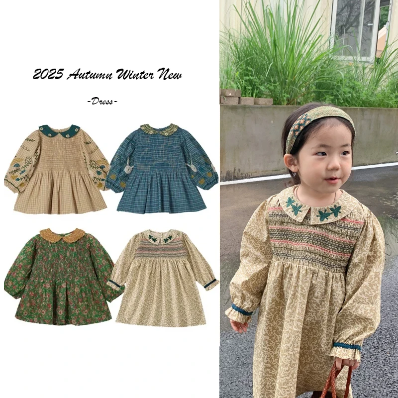 

2025 Autumn Winter New Girls' Dress Embroidered Flower Girl Princess Dress Holiday Party Baby Dress Cotton Children's Clothing