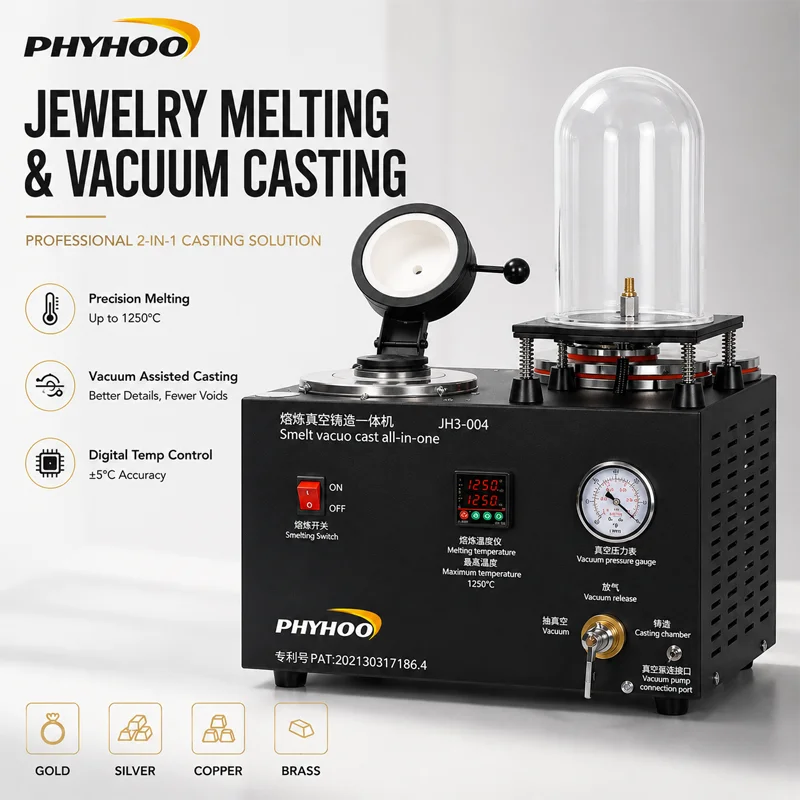PHYHOO 1KG 2KG 3KG Jewelry Vacuum Casting Machine 1250C Gold Silver Melting Furnace Digital Control for Jewelry Making Equipment
