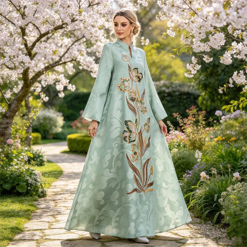 Eid Mubarak Ethnic Embroidery Abayas Women Muslim Dress Robe Gown Jalabiya Dubai Kaftan Femme Musulmane Vestidos Islam Clothing