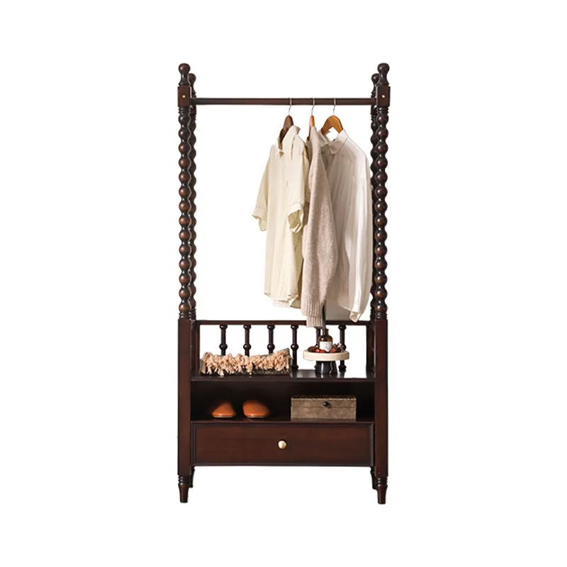 American retro solid wood coat rack integrated multi-functional storage medieval clothing rack
