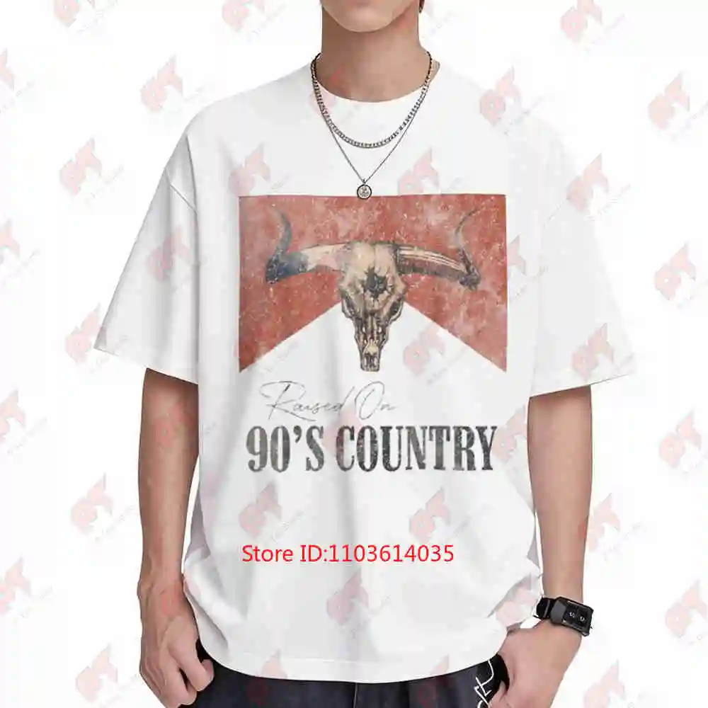 Bull Skull 90s Country Text Raised On Western Short Sleeve Tee 100% Cotton T-Shirt