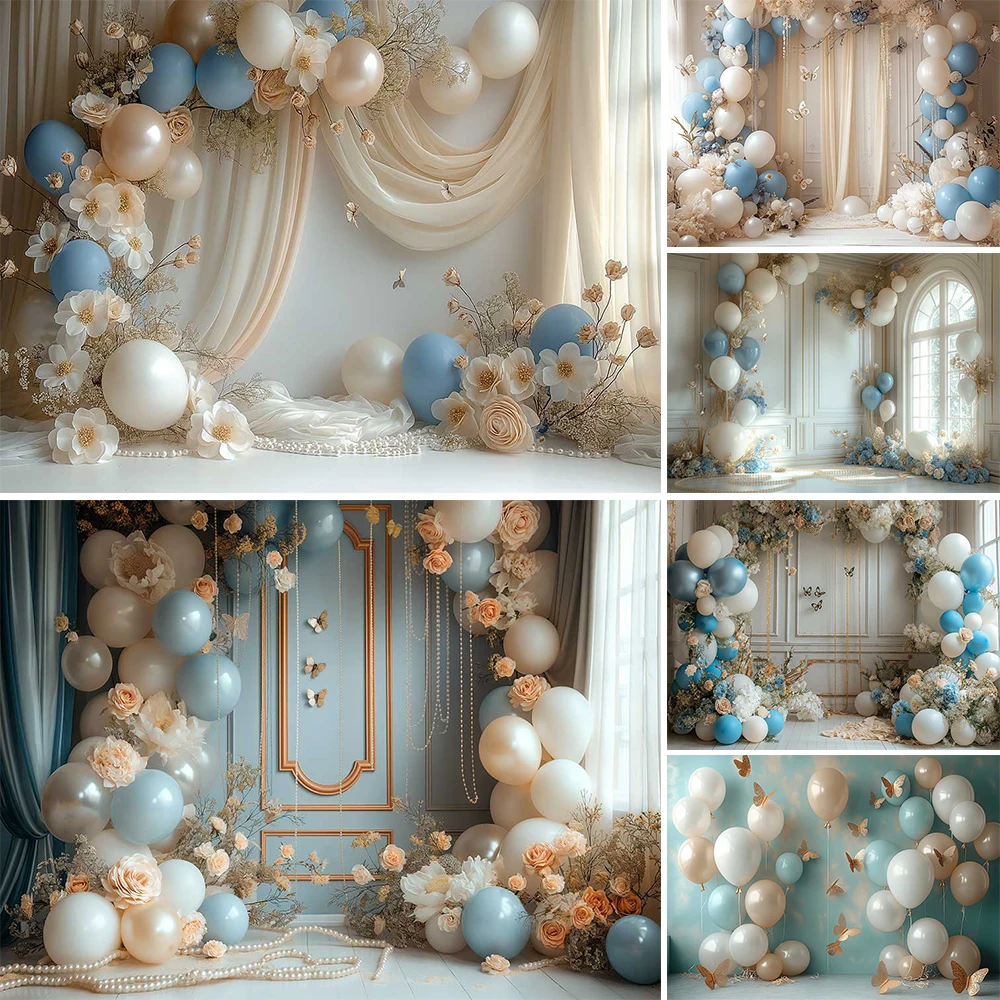 Wedding Birthday Party Background Blue Butterfly White Flowers Backdrop Column Booth Decor Baby Show Photo Studio Photography