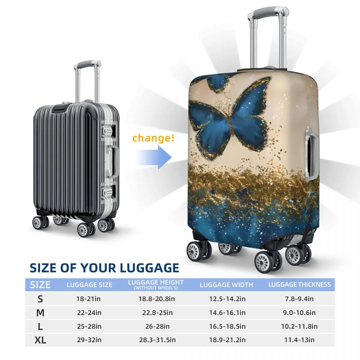 Gold Blue Butterfly Suitcase Cover Vacation Luxury Abstract Painting Fun Luggage Case Business Protection Xmas Gift