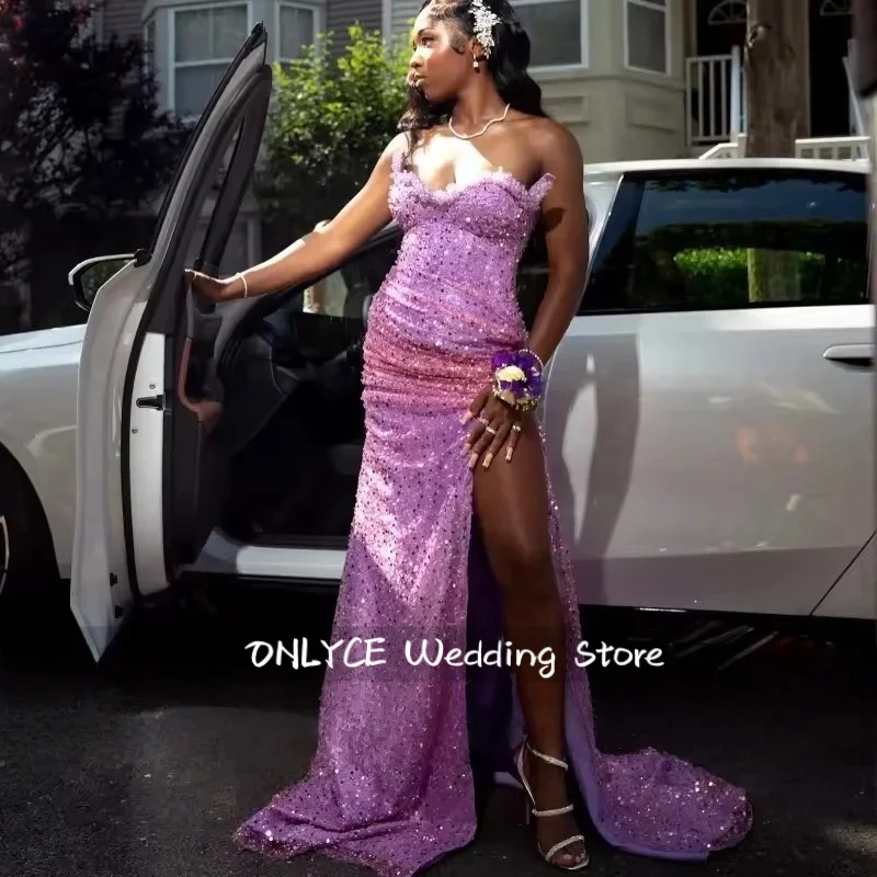 2026 Exquisite Lilac Sequin Beaded Evening Dresses Long High Split Mermaid Prom Dress Vestido For African Girls Customized 2
