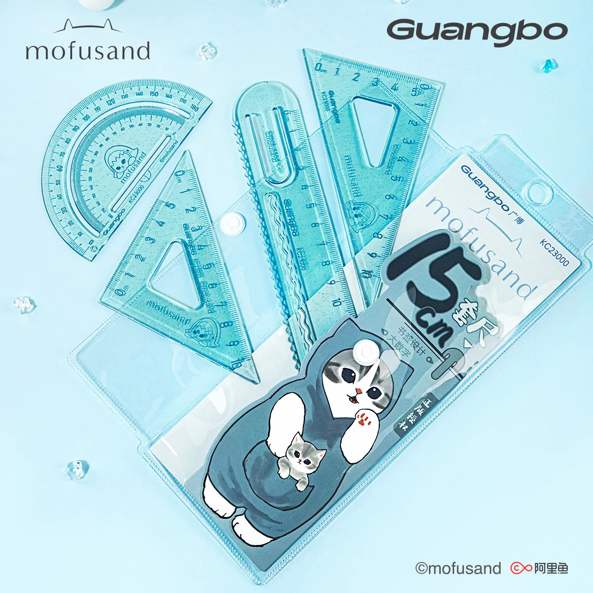 Cute Cat Fosandish Shark Cat 15cm ruler set cartoon Shark Cat Student drawing measuring ruler