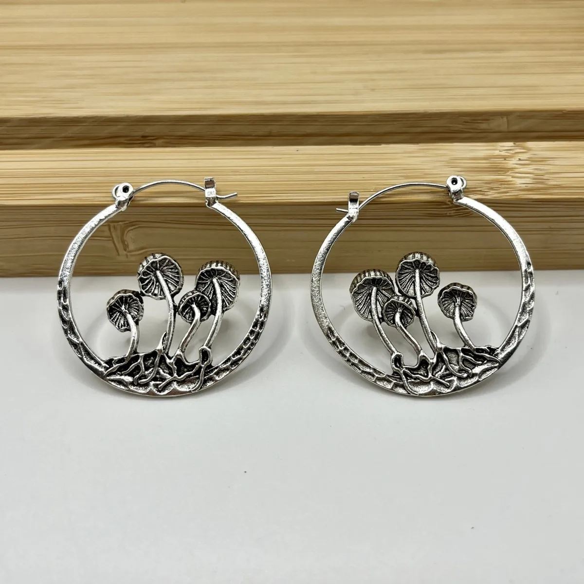 Retro Mushroom Shaped Hollow Ring Earrings For Women Men Personalized Silver Color Metal Party Daily Jewelry image 5