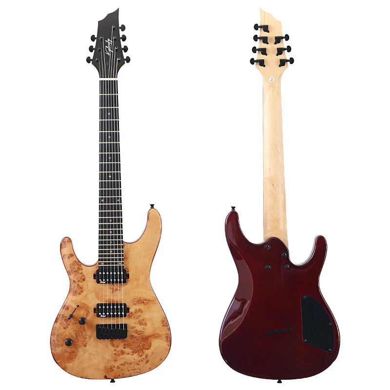 Electric Guitar Left Hand 7 String Tree Burl Top 39 Inch Solid Okoume Wood Body Shape Headstock Fast Delivery