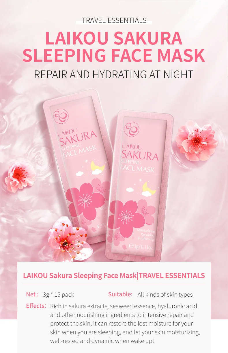 Masker tidur Sakura isi 10 buah, pak tas masker perawatan kulit pelembap dan pelembap 3g