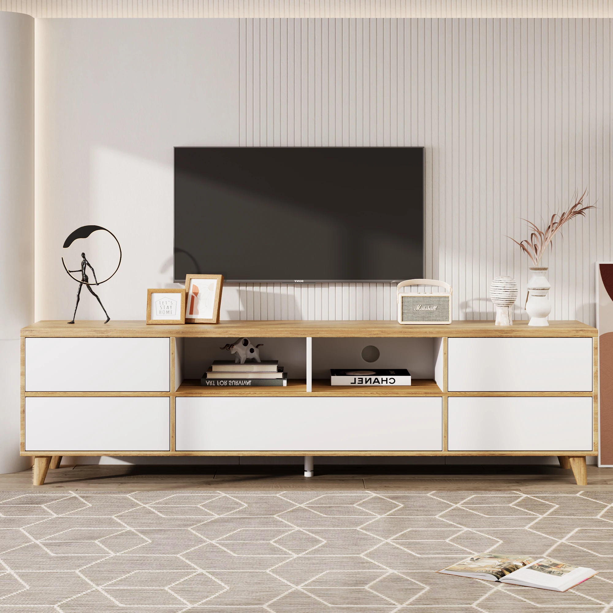 TV wardrobe, low Board, living room furniture in white and wood colors, country style