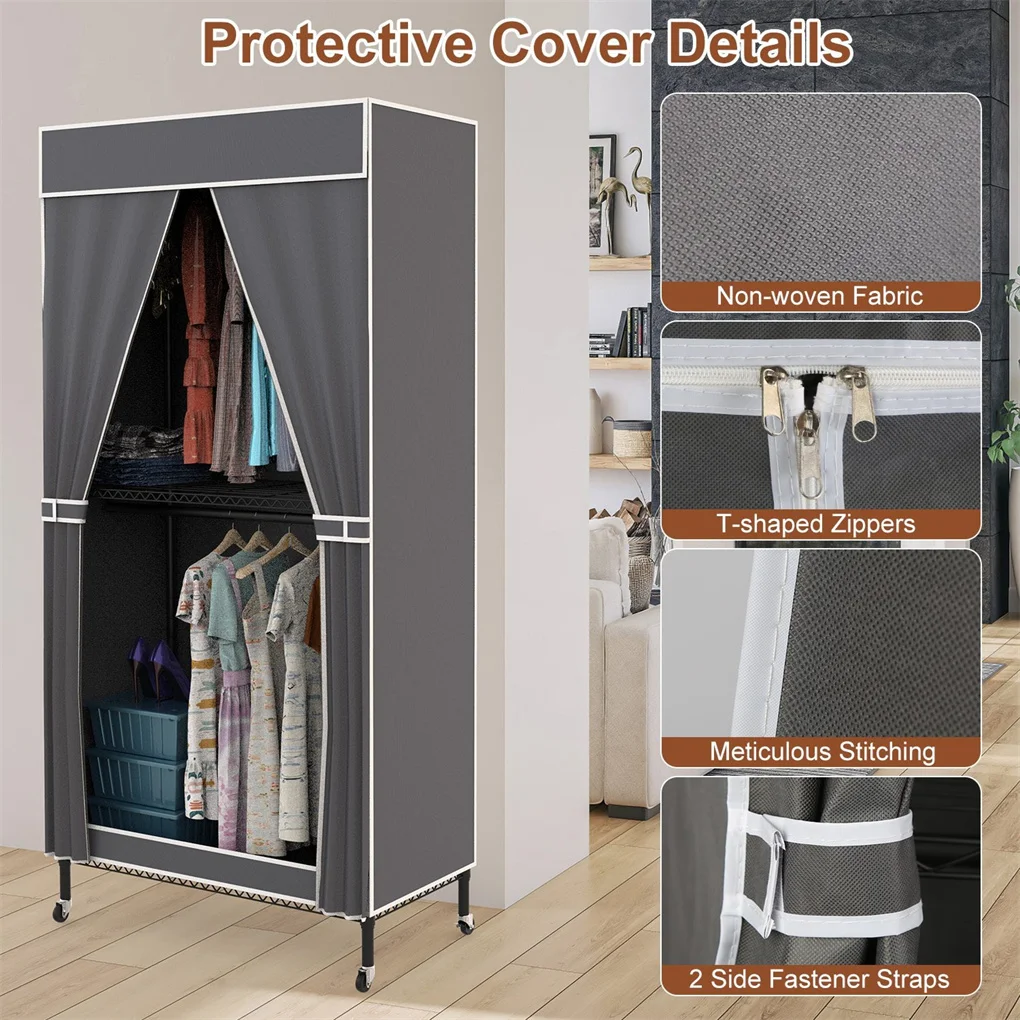 

2 Tier Clothing Rack With Cover Portable Wardrobe Closet Covered Garment Rack with 4 Wheels 2 Hanging Rods 2 Hook Racks