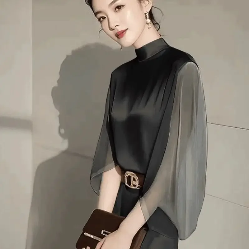 

French Black Chiffon Shirt Women's Long Sleeved Autumn New Beautiful Small Shirt Western-style Unique and Chic Top