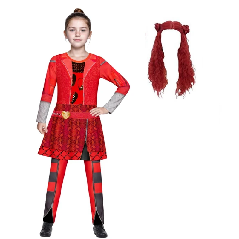 Costume de Princesse Rouge pour Fille, Combinaisons avec Perruque, Tenues d'Halloween, Cosplay, 5-12 Ans