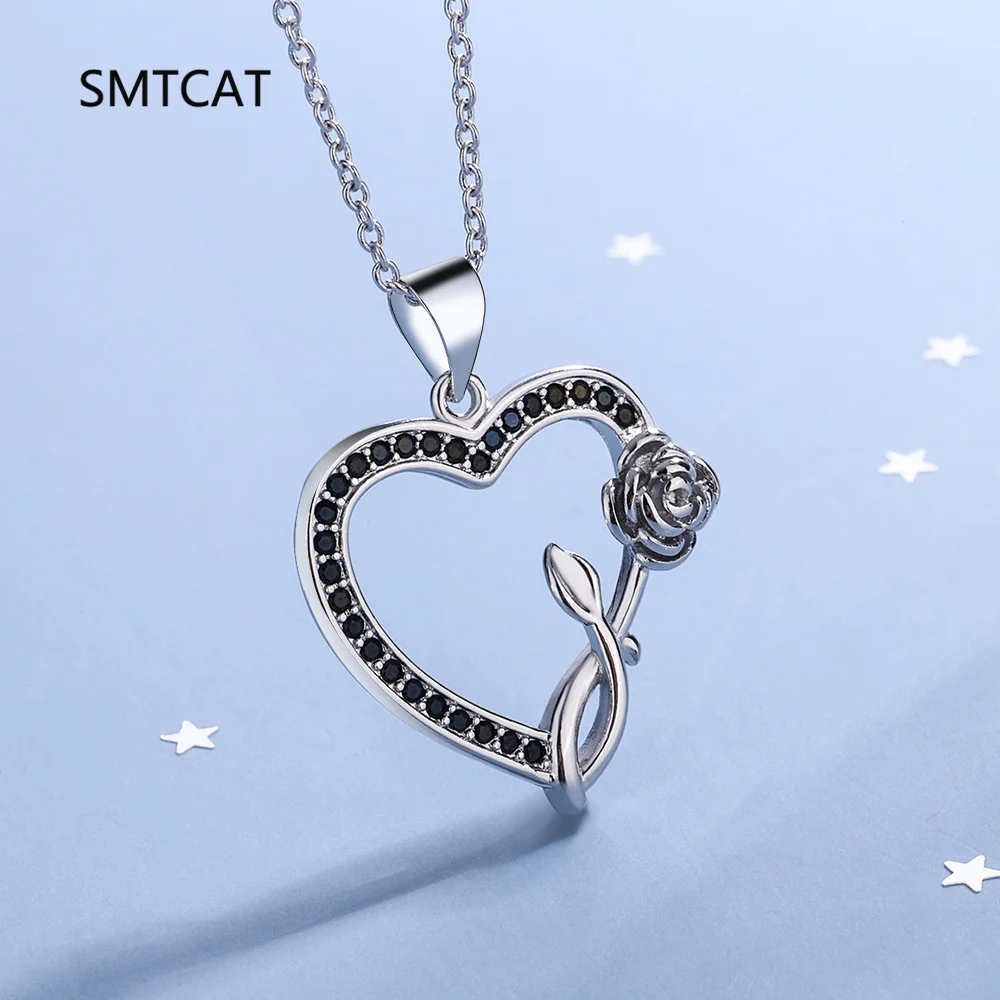 

Natural Black Spinel 925 Sterling Silver Rose Flower Heart Pendant Necklace for Women Statement Gemstone Jewelry Colar de Prata