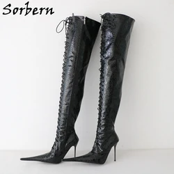 Sorbern Sexy 12Cm stivali con tacco sottile in metallo cavallo coscia alta con lacci punta a punta lunga Fetish tacchi a spillo stile invernale taglia gamba personalizzata