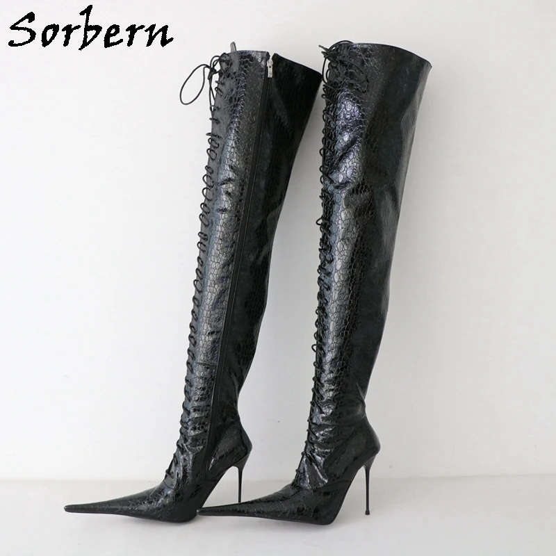 Sorbern Sexy 12Cm Metal Thin Heel Boots Crotch Thigh High Lace Up Long Pointed Toe Fetish Stilettos Winter Style Custom Leg Size