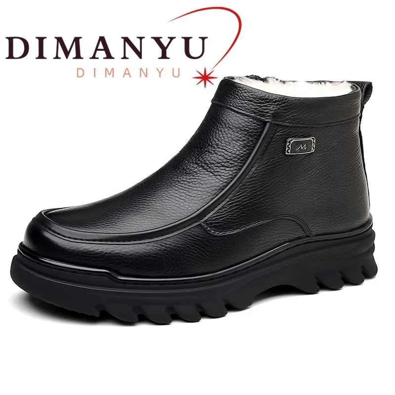 DIMANYU Men Genuine Leather Winter Snow Boots Thick Wool Lined Warm Ankle Boots Man Non‑Slip Casual Short Boots For Male