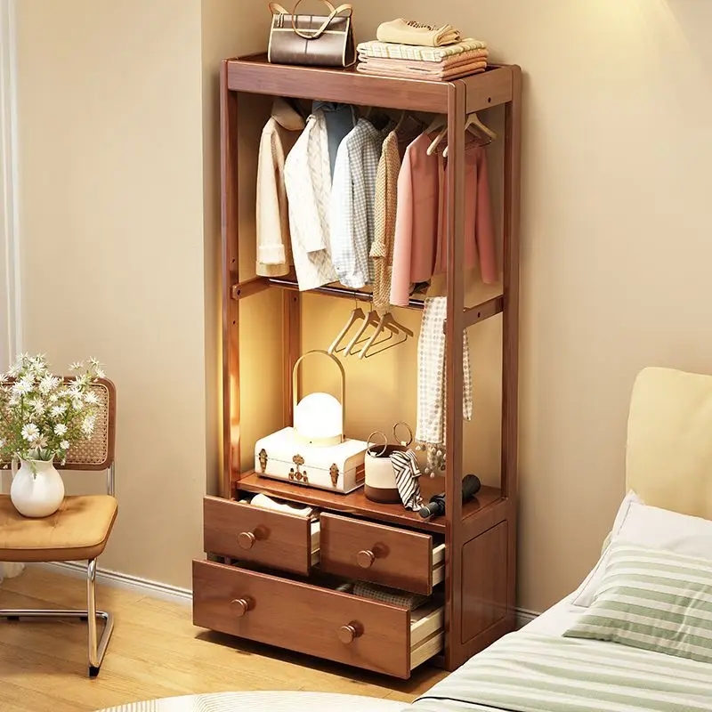 

All solid wood floor coat rack shoe rack with try-on mirror integrated household bedroom