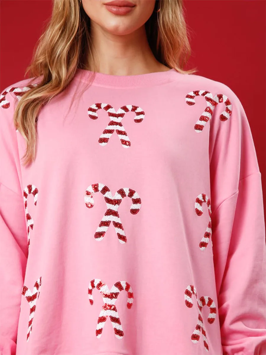 Women’s Christmas Sweatshirts Sparkle Candy Cane Print Long Sleeve Crew Neck Pullovers Oversized Tops