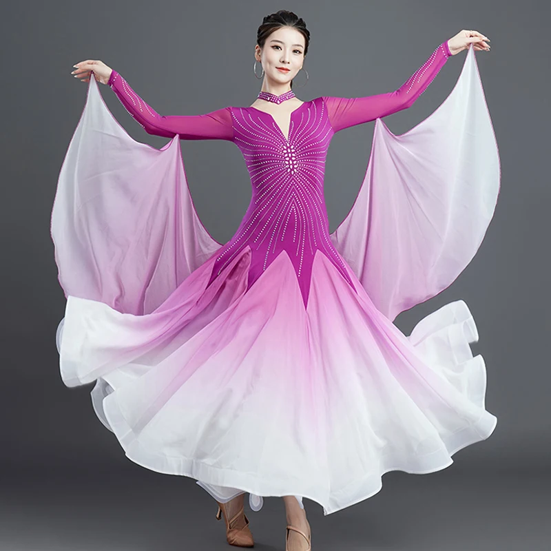 Waltz Dress 2025 New Ballroom Dance Dress Stadard Modern Dance Clothing For Competition Purple Long Dress Female Dance Wear 2474