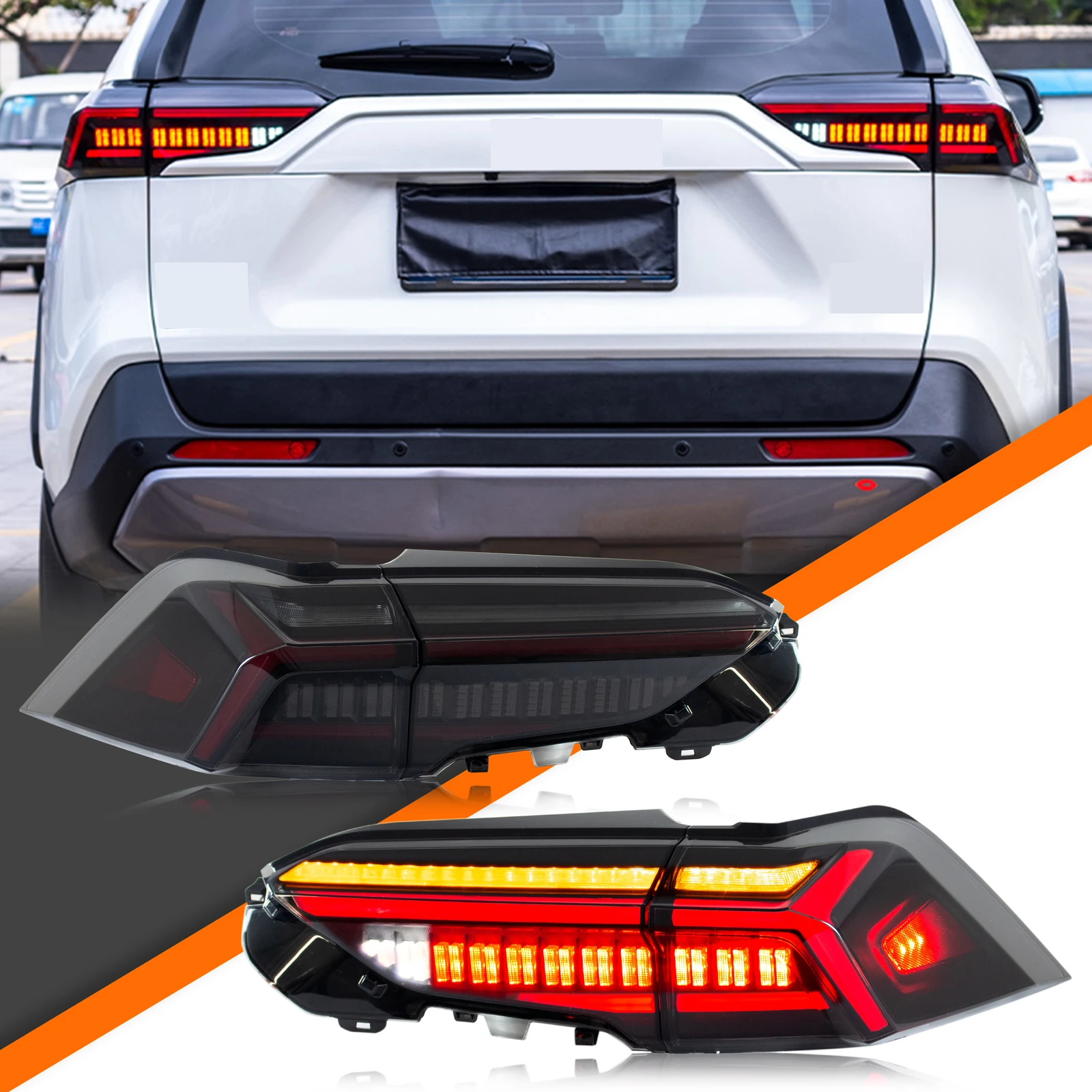 

Светодиодные задние фонари для Toyota RAV4 2019-2025, последовательный указатель поворота, динамическая анимация, черные задние фонари в сборе