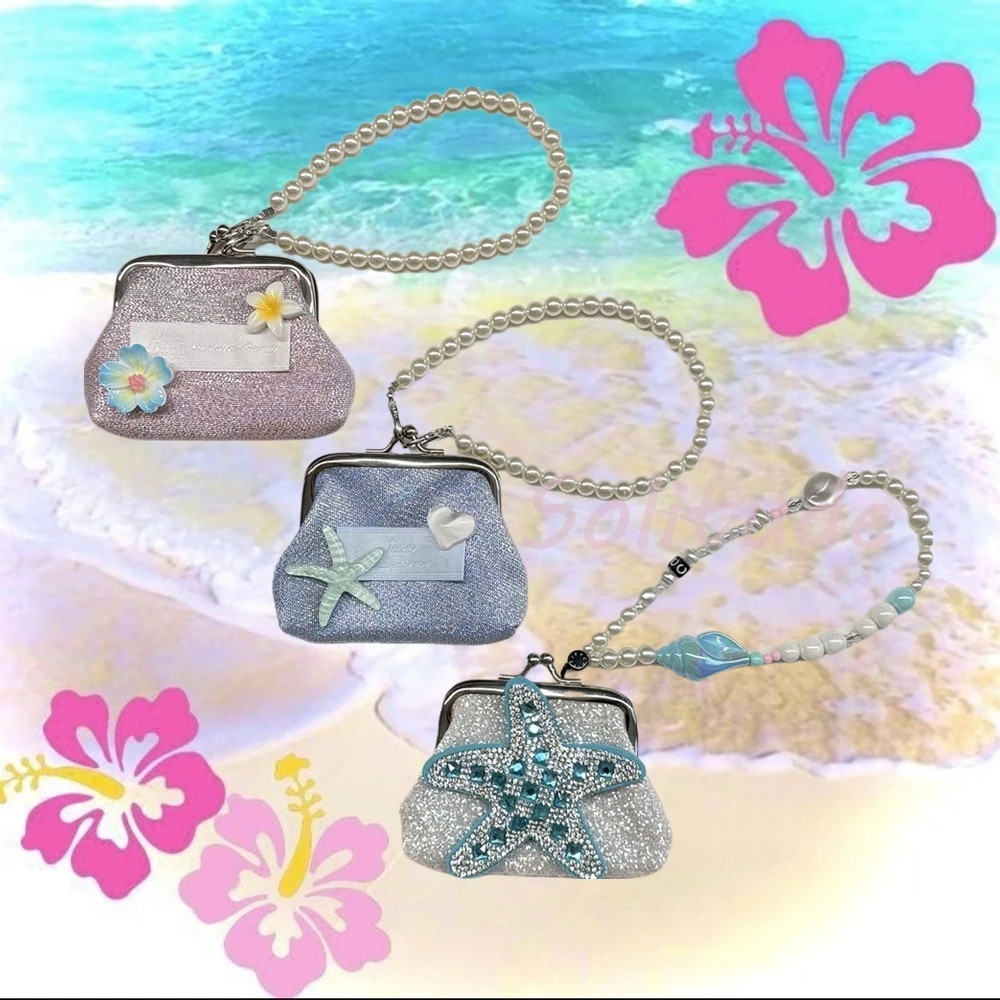 Original Handmade Y2K Dreamy Wallet Vintage Shining Starfish Coin Purse Ocean Beach Storage Bag Earphone Bag Keychain Decoration