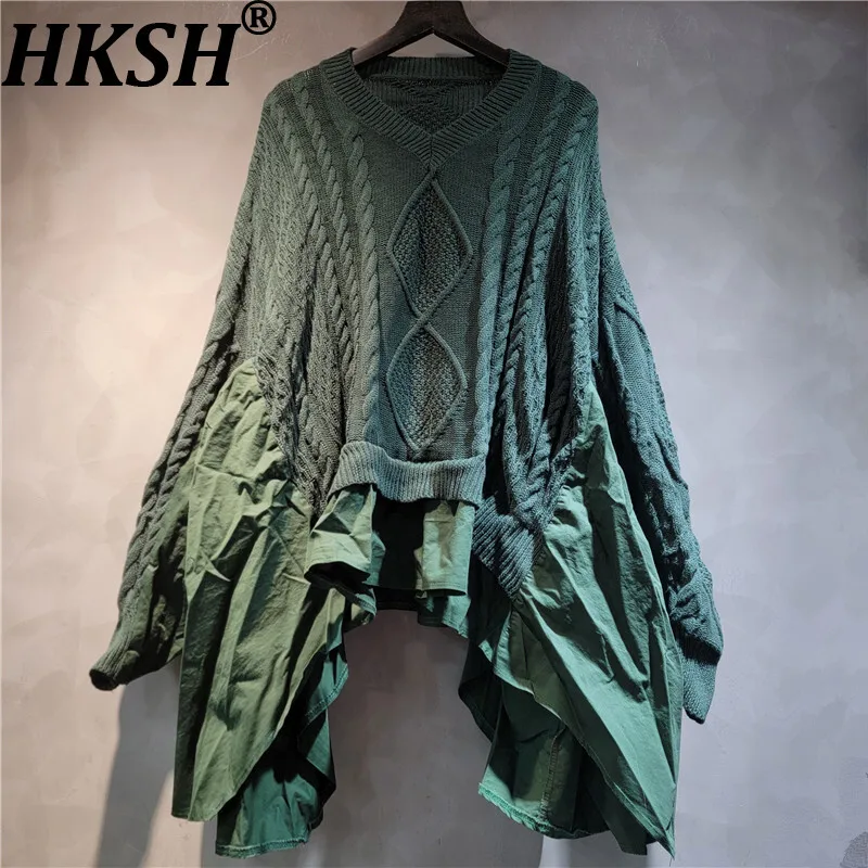

HKSH Autumn Winter New Women's Sweater V-neck Pullover Knitted Patchwork Irregular Hem Batwing Sleeve Retro Chic Ins Top HK15895