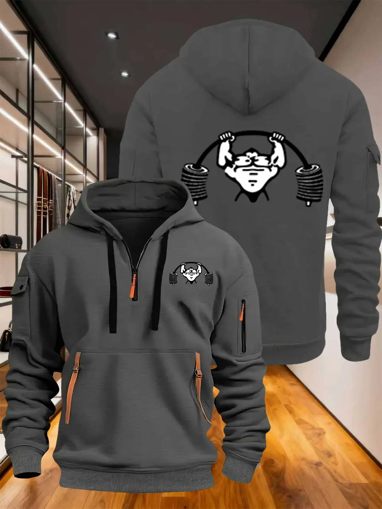Multi pocket zipper long sleeved men's and women's spring and autumn hoodie, comfortable fabric for weightlifting exercise