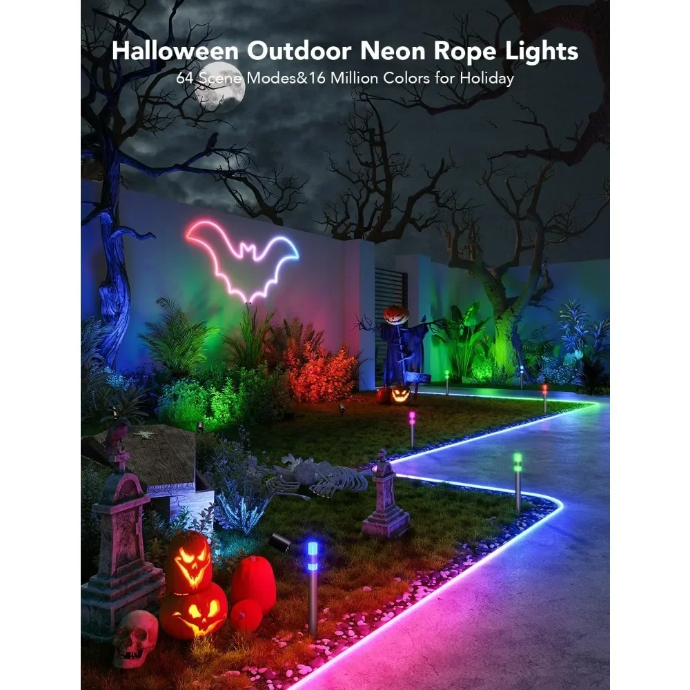 Outdoor Neon Rope Lights, 65.6ft RGBIC IP67 Waterproof with 64 Scene Modes, Music Sync, APP Control, Halloween Christmas Lights