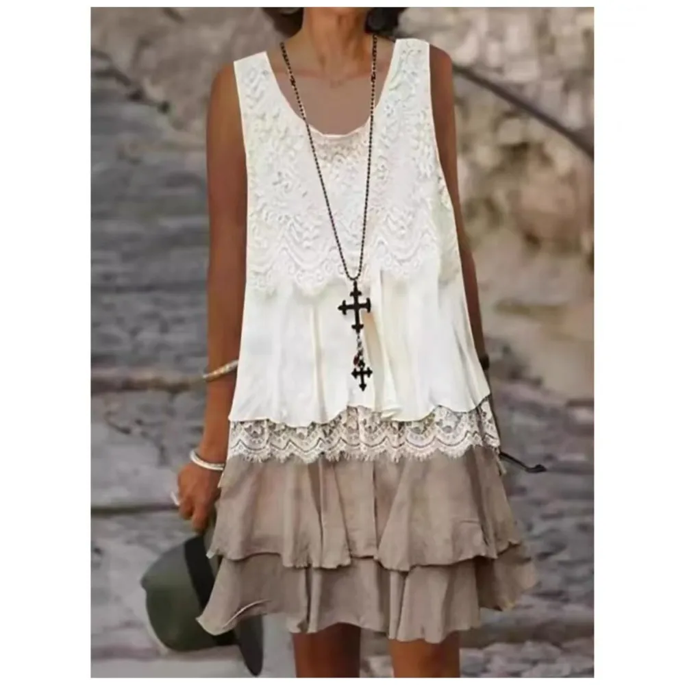 2025 nova moda feminina casual mini vestido de renda emenda dupla camada sem mangas sexy confortável colete vestidos férias de verão