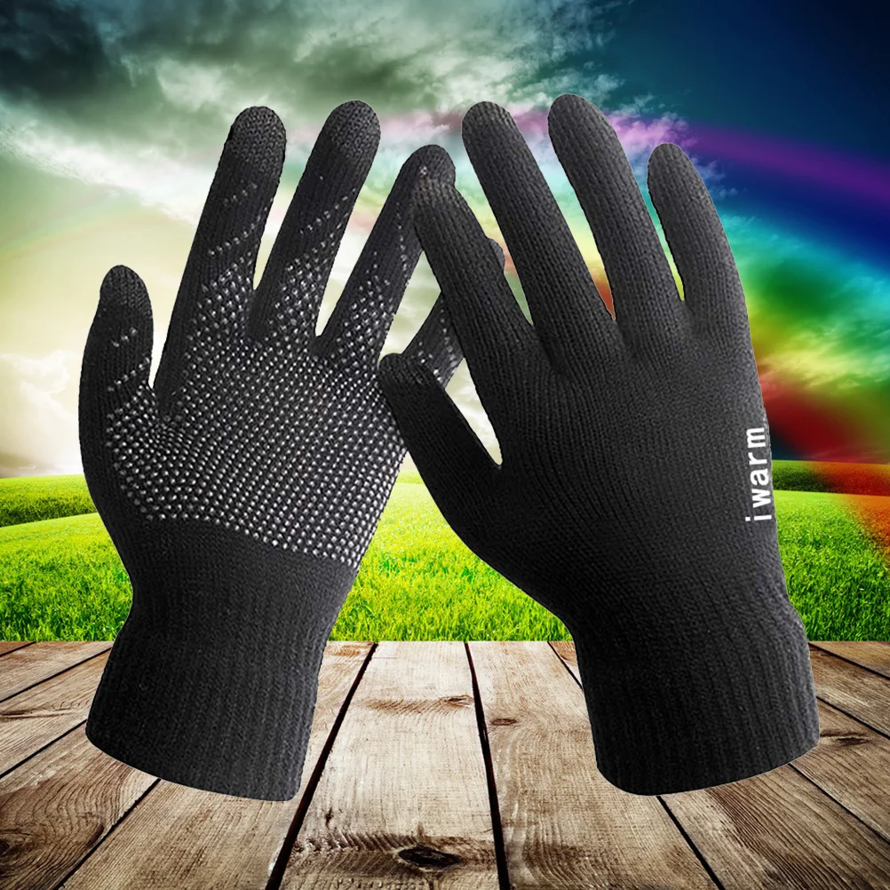 Men Women Unisex Mobile Phone Touch Screen Gloves Winter Thick Warm Knitted Outdoor Sports Cycling Mittens（Black)