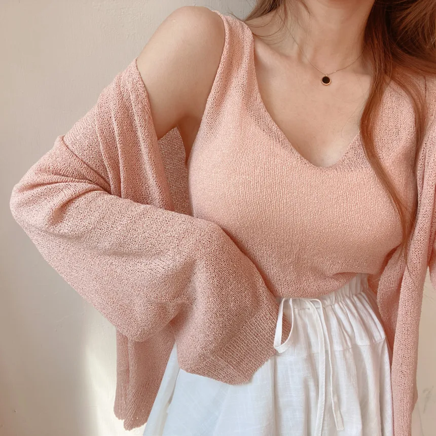 Women's Thin Knitted Sweater Sun Protection Open Cardigan Vest Outerwear V-ne Long Sve Pure Color Spring Autumn New Sle